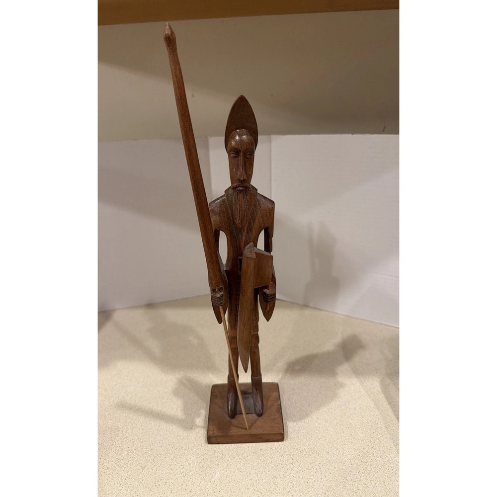 Don Quixote Wooden Sculpture Figurine Statue 15" Vtg Spanish Shield Warrior